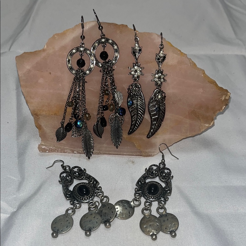 Western Feather 3 Piece Black Earring Set